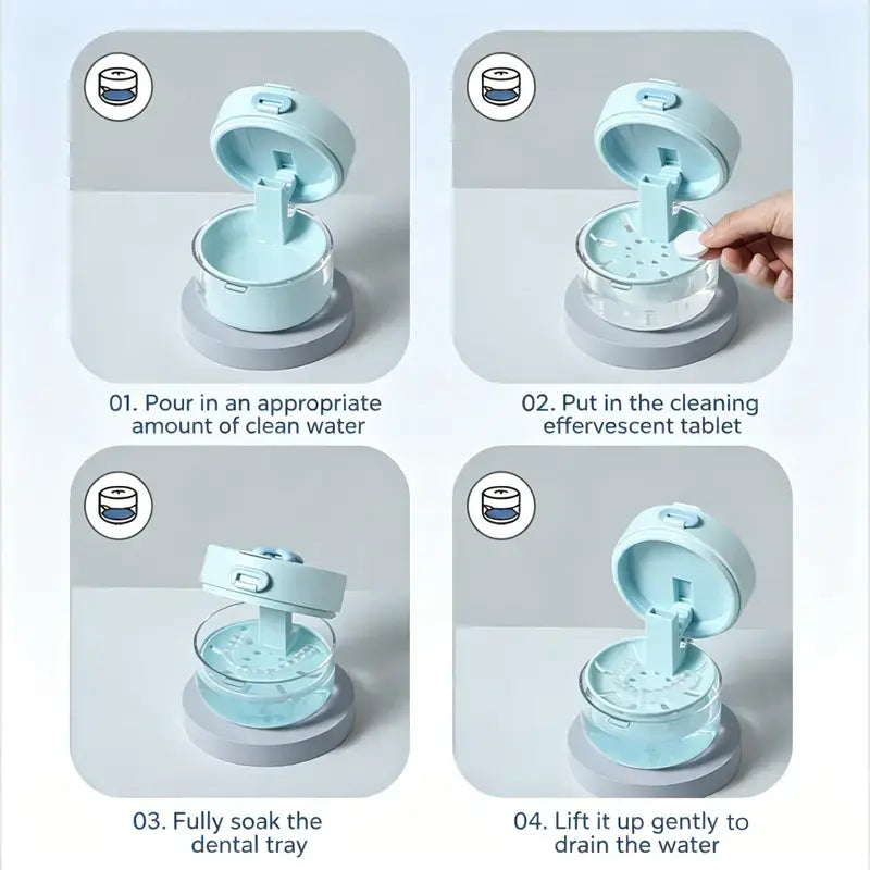 Retainer Cleaner Case Box - Lightweight Portable Travel-Safe Bathroom Storage Container with Drain Tray, Mirror, Brush for Daily Cleansing & Soak Then Drain Function