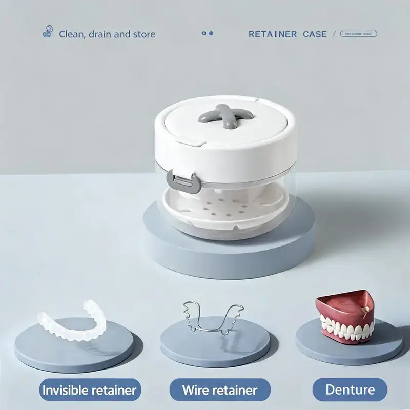 Retainer Cleaner Case Box - Lightweight Portable Travel-Safe Bathroom Storage Container with Drain Tray, Mirror, Brush for Daily Cleansing & Soak Then Drain Function