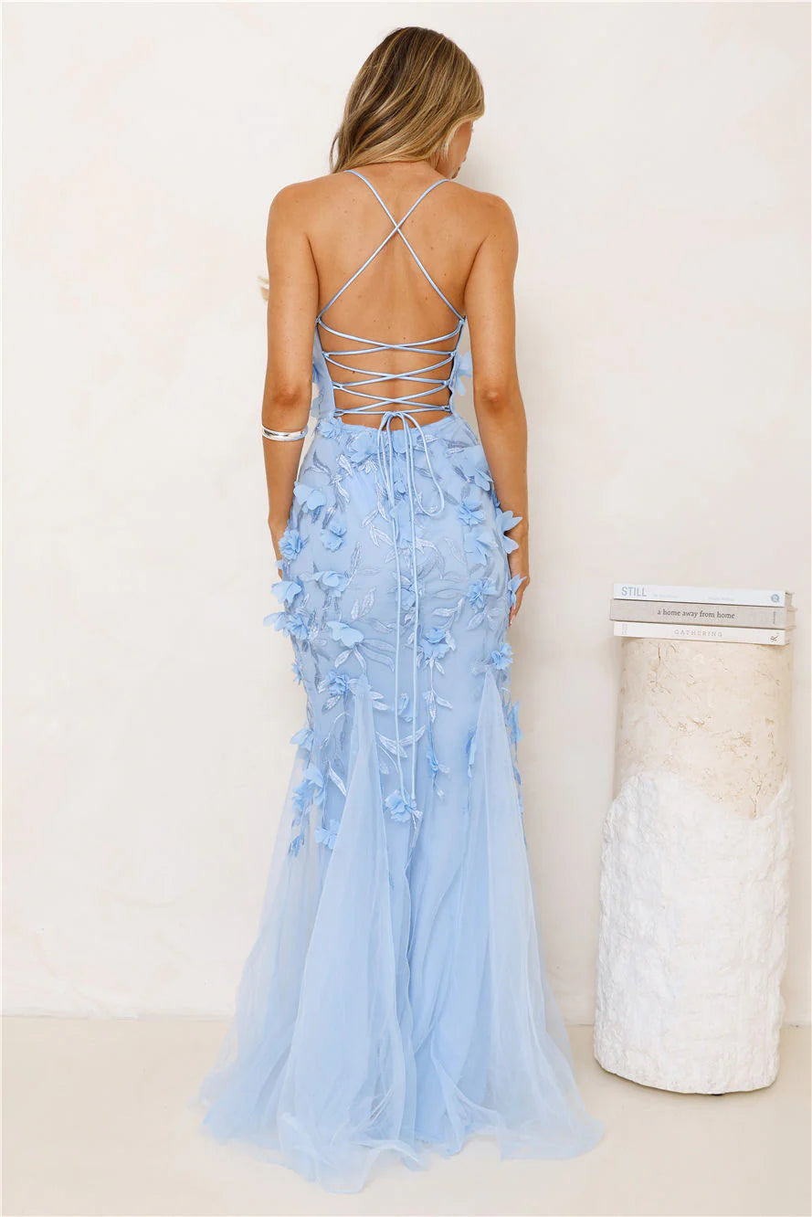 Petals In The Night Mesh Maxi Dress Blue