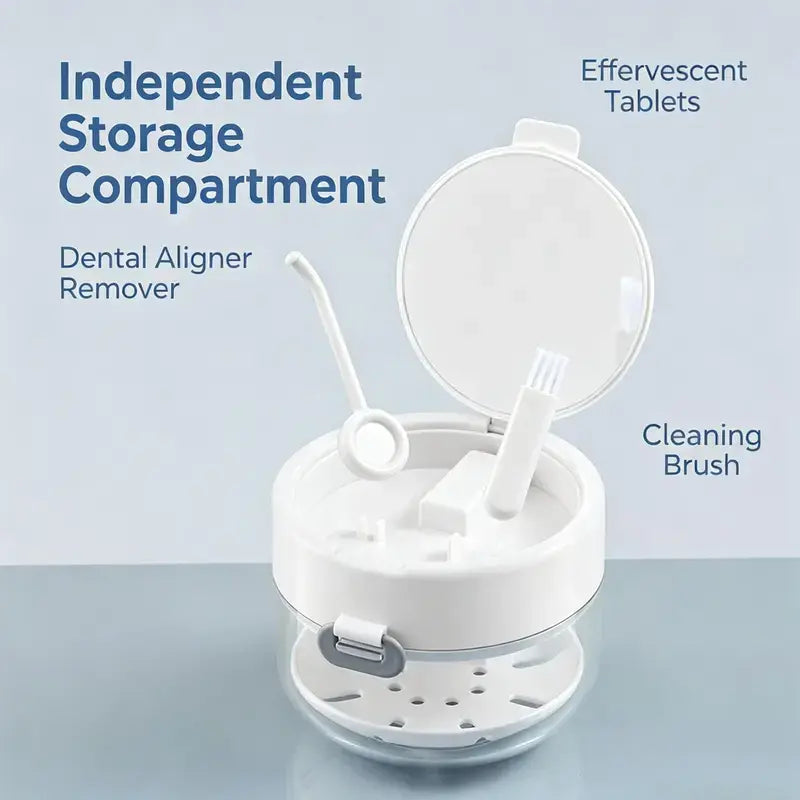 Retainer Cleaner Case Box - Lightweight Portable Travel-Safe Bathroom Storage Container with Drain Tray, Mirror, Brush for Daily Cleansing & Soak Then Drain Function