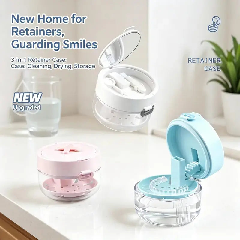 Retainer Cleaner Case Box - Lightweight Portable Travel-Safe Bathroom Storage Container with Drain Tray, Mirror, Brush for Daily Cleansing & Soak Then Drain Function
